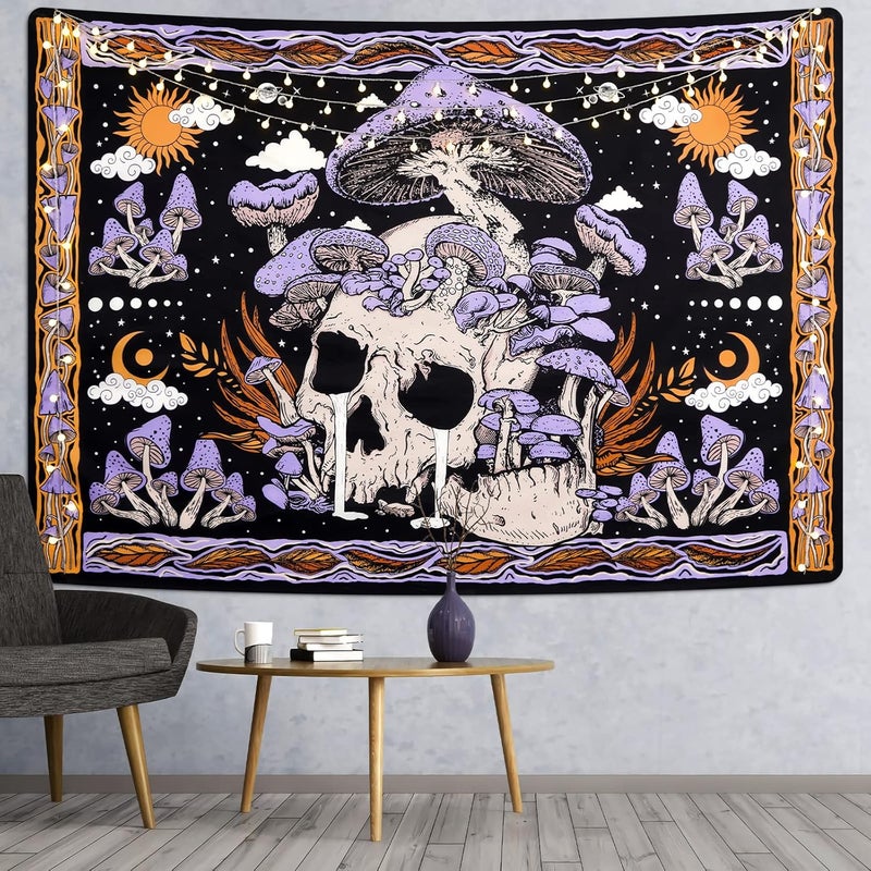 Uspring Mushroom Tapestries Skull Skeleton, Leaves, Large Purple Tapestry for Bedroom, Wall Hanging for Room (51.2 x 59.1 inches) - Image 4